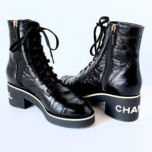 CHANEL Black Leather Lace-Up Ankle Boots 38.5 IT (US 8) w/ Box + Dust Bag, Italy
